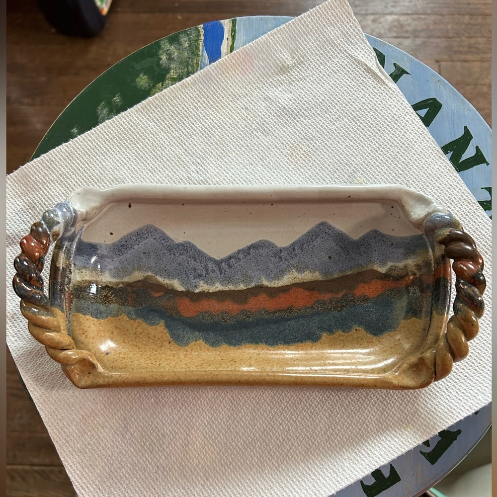 Studio art by Anita Garfein, relish tray handmade, depicting, western skyline